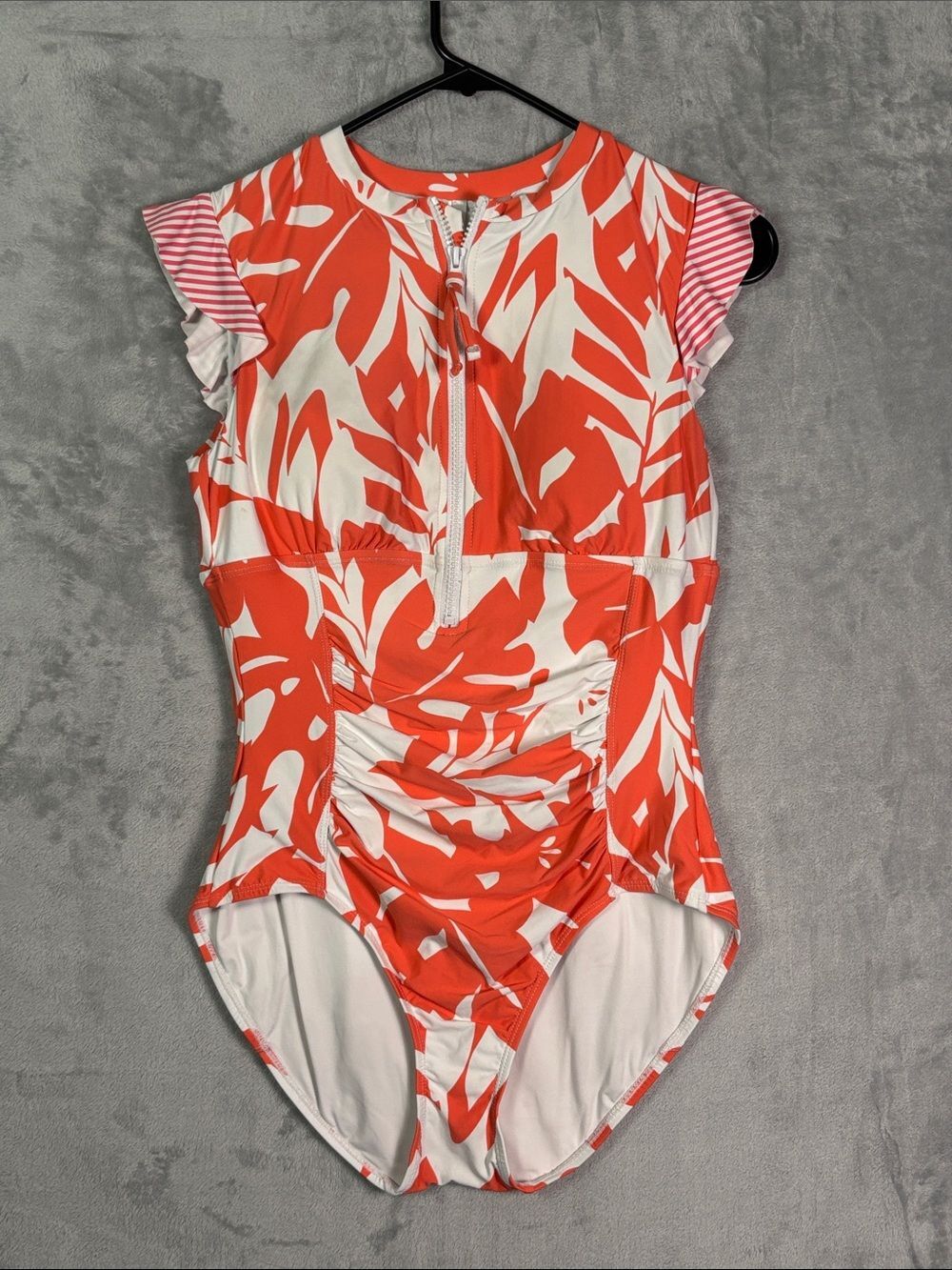 Anne Cole Coral Floral Print Full Zip Bathing Swim Suit One Piece Size 8